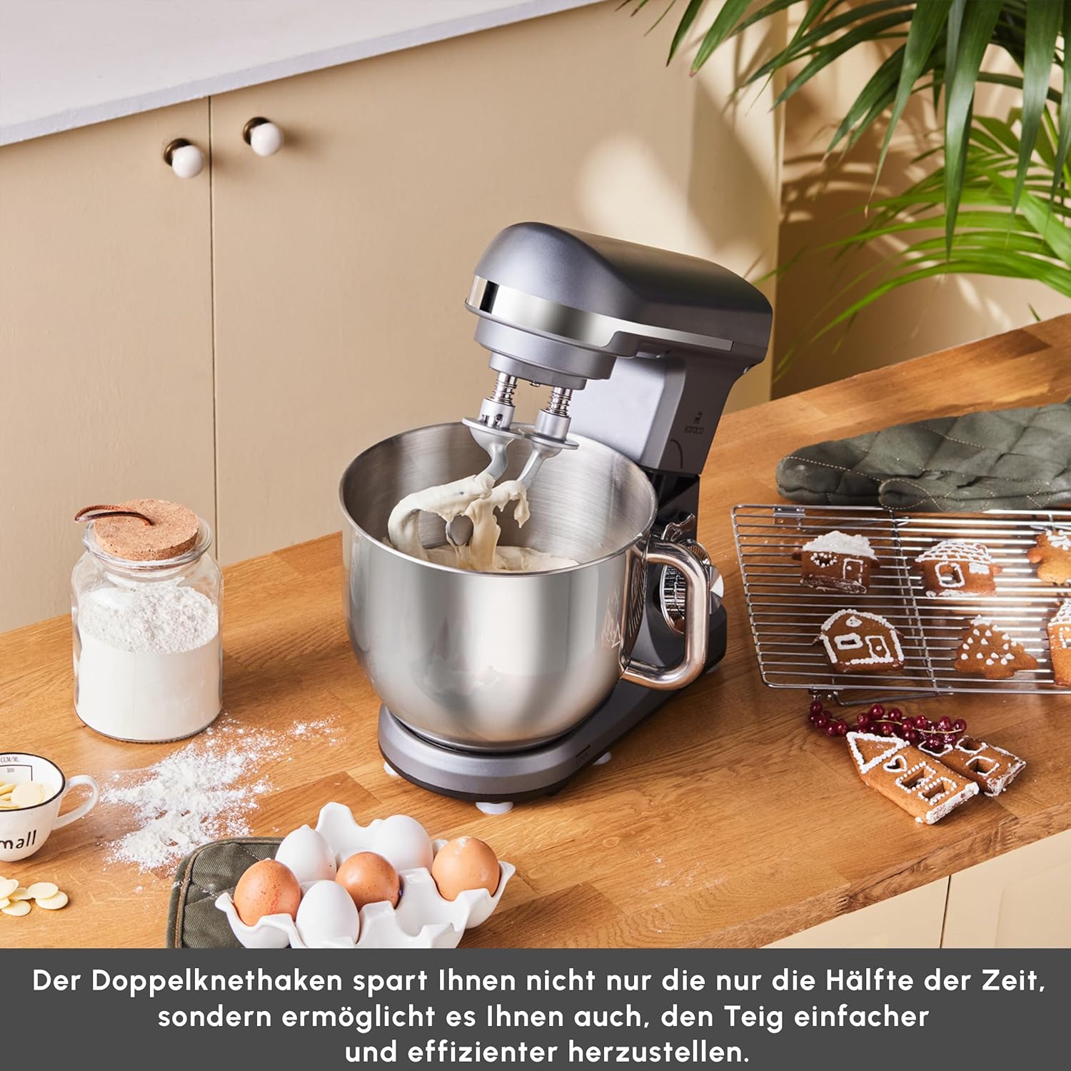 Karaca Blendburst Küchenmaschine, 6-stufige Geschwindigkeitsregelung, 5,7L Edelstahl-Schüssel, Doppelte Knethaken, Schneebesen, Flachrührer & Teighaken, Rutschfester Stand, Grau, 1400 W