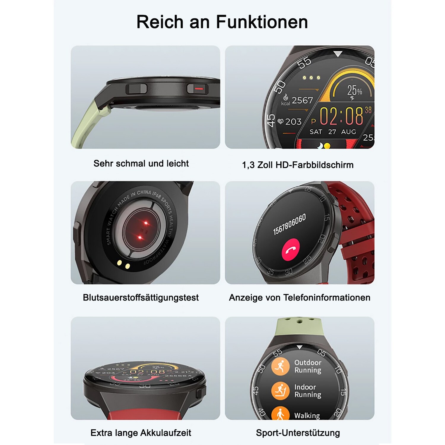 TPFNet Smart Watch / Fitness Tracker IP68 - Silikon Armband - Android & IOS - Schwarz