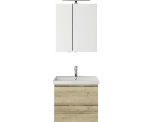 3-delige badkamermeubelset Pelipal serie 4035 BxHxD 60 x 200 x 45 cm, frontkleur eiken riviera, met keramische wastafel in wit en keramische wastafelkast, wastafelmeubel, spiegelkast met LED-verlichting 40350600121470