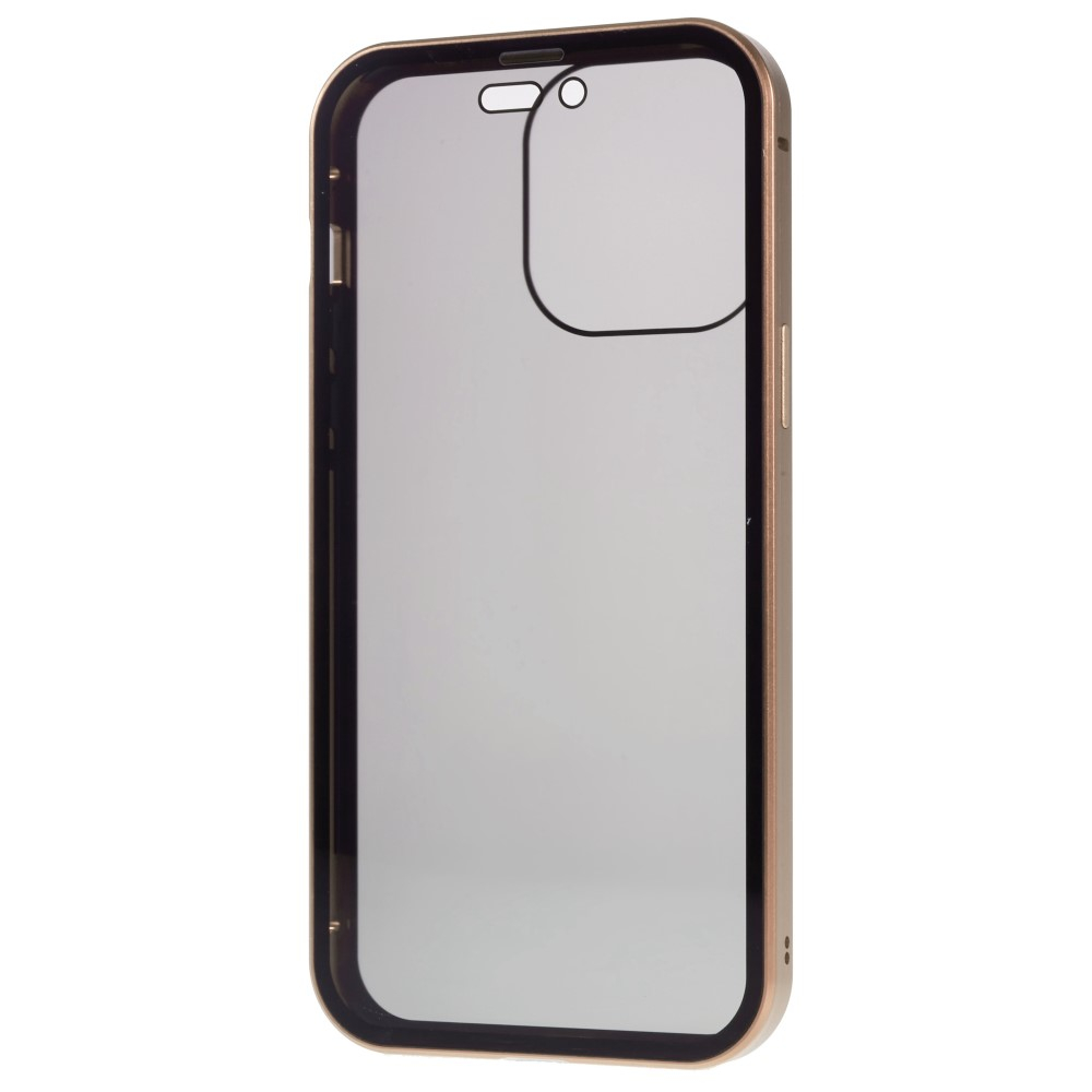 iPhone 14 Pro Max Magnetische Alu Schutzhülle mit Panzer Glas Backcover   Privacy Glas Displayschutz (Magnet-Technologie) - Gold