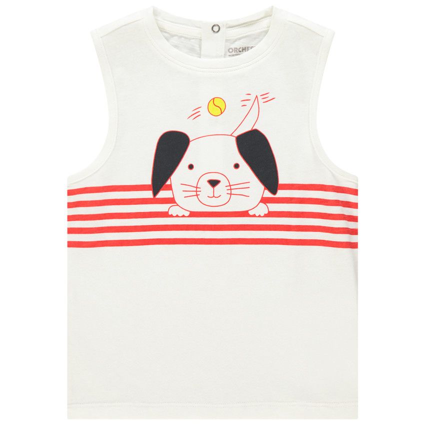 Débardeur en coton bio à rayures et animal printé - Ecru