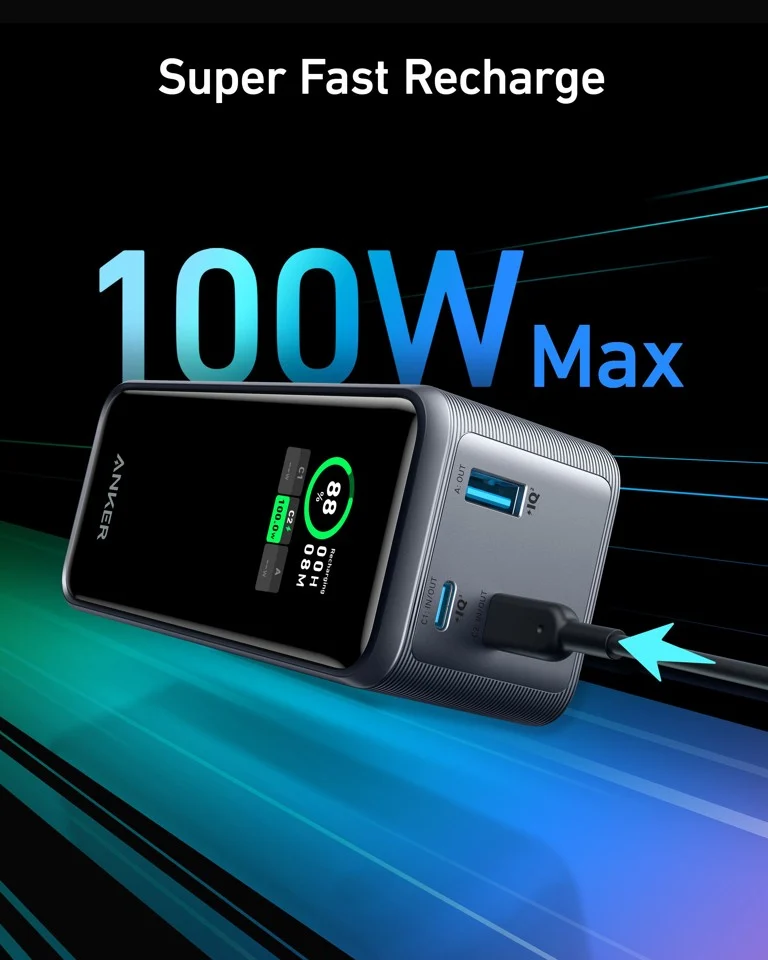 Anker - Prime - Power Bank - 20.000mAh (200W), Sort