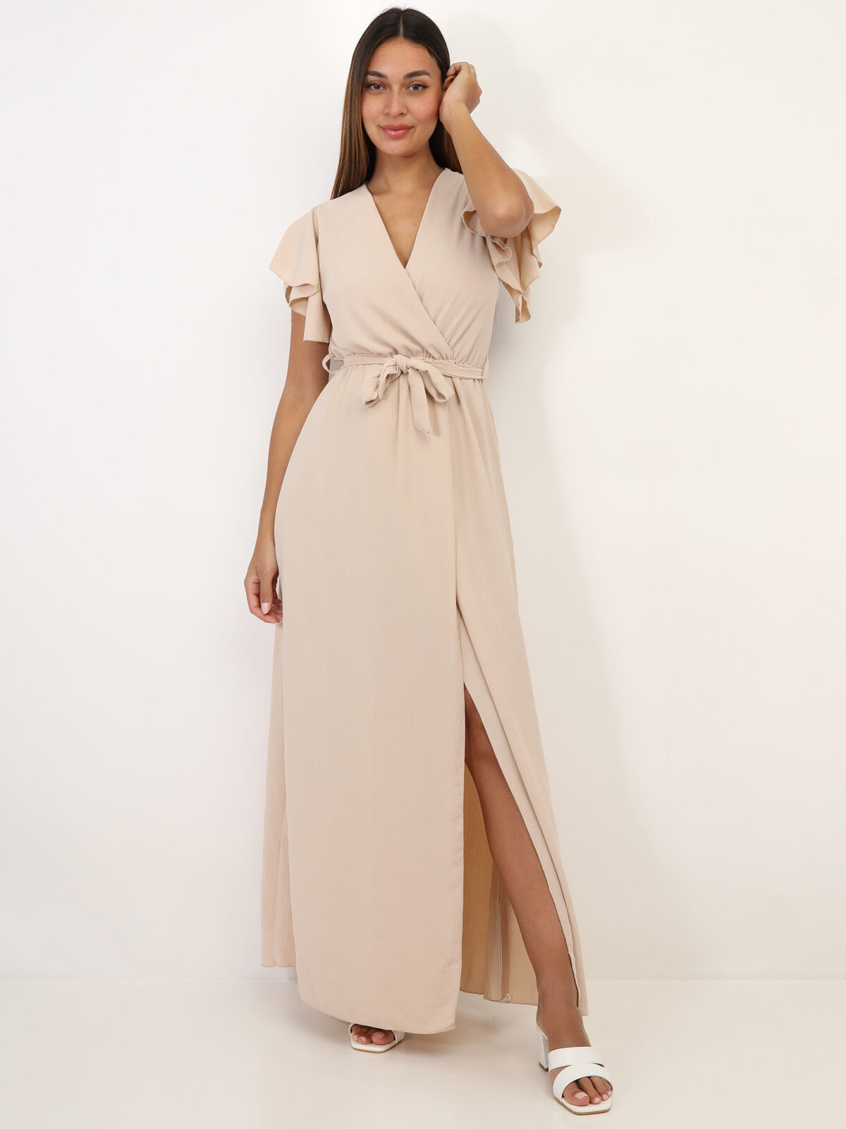 Robe longue fendue à col cache coeur- Beige