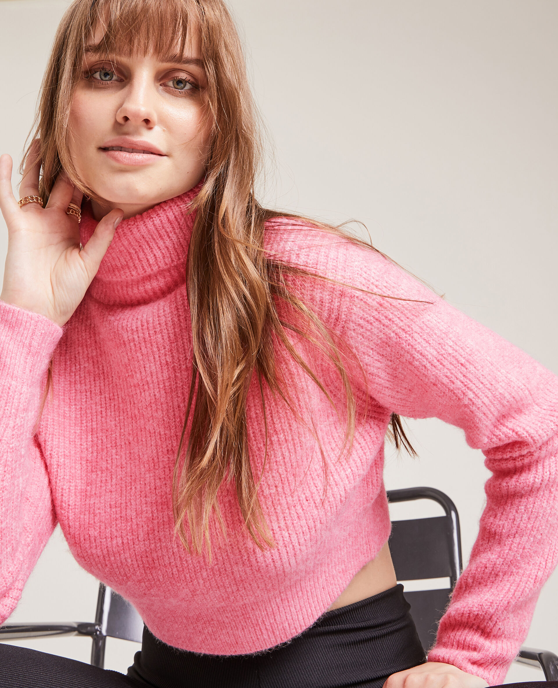 Pull cropped col roulé - Rose