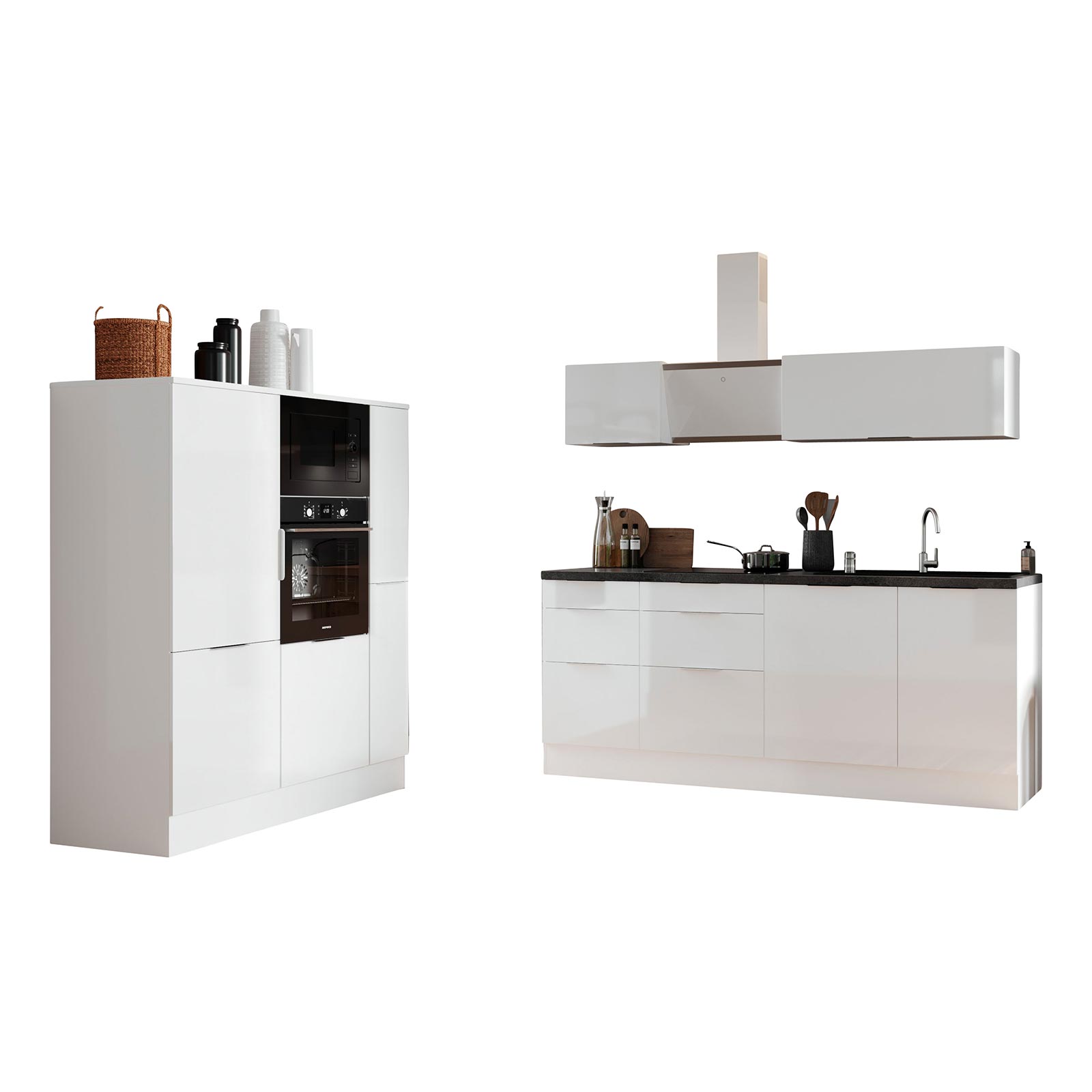 RESPEKTA Küchenblock - weiß Hochglanz - mit E-Geräten - 370 cm