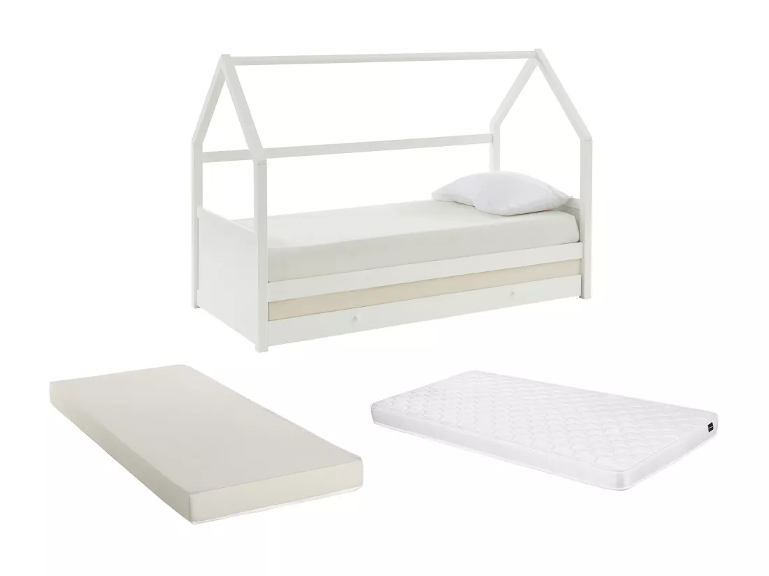 Lit gigogne cabane 2 x 90 x 190 cm - Pin - Blanc + Matelas - HURRA