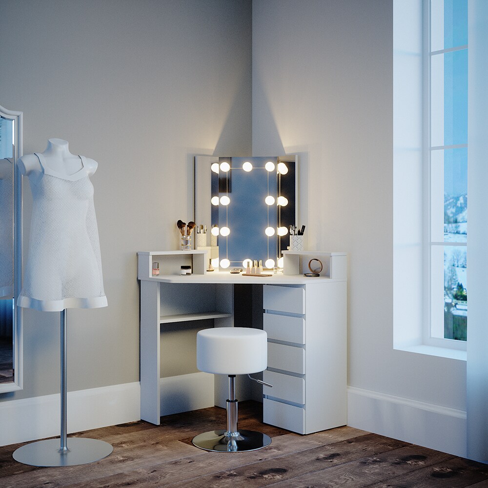 Vicco Eckschminktisch Frisiertisch Frisierkommode Tilda Weiß Spiegel LED Hocker