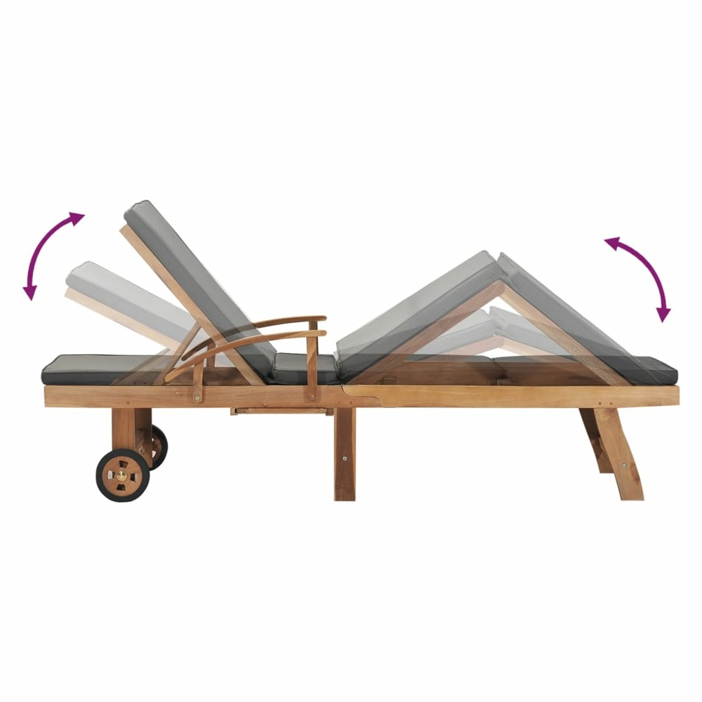 Transat chaise longue bain de soleil lit de jardin terrasse meuble d'extérieur avec coussin bois de teck solide gris foncé 02