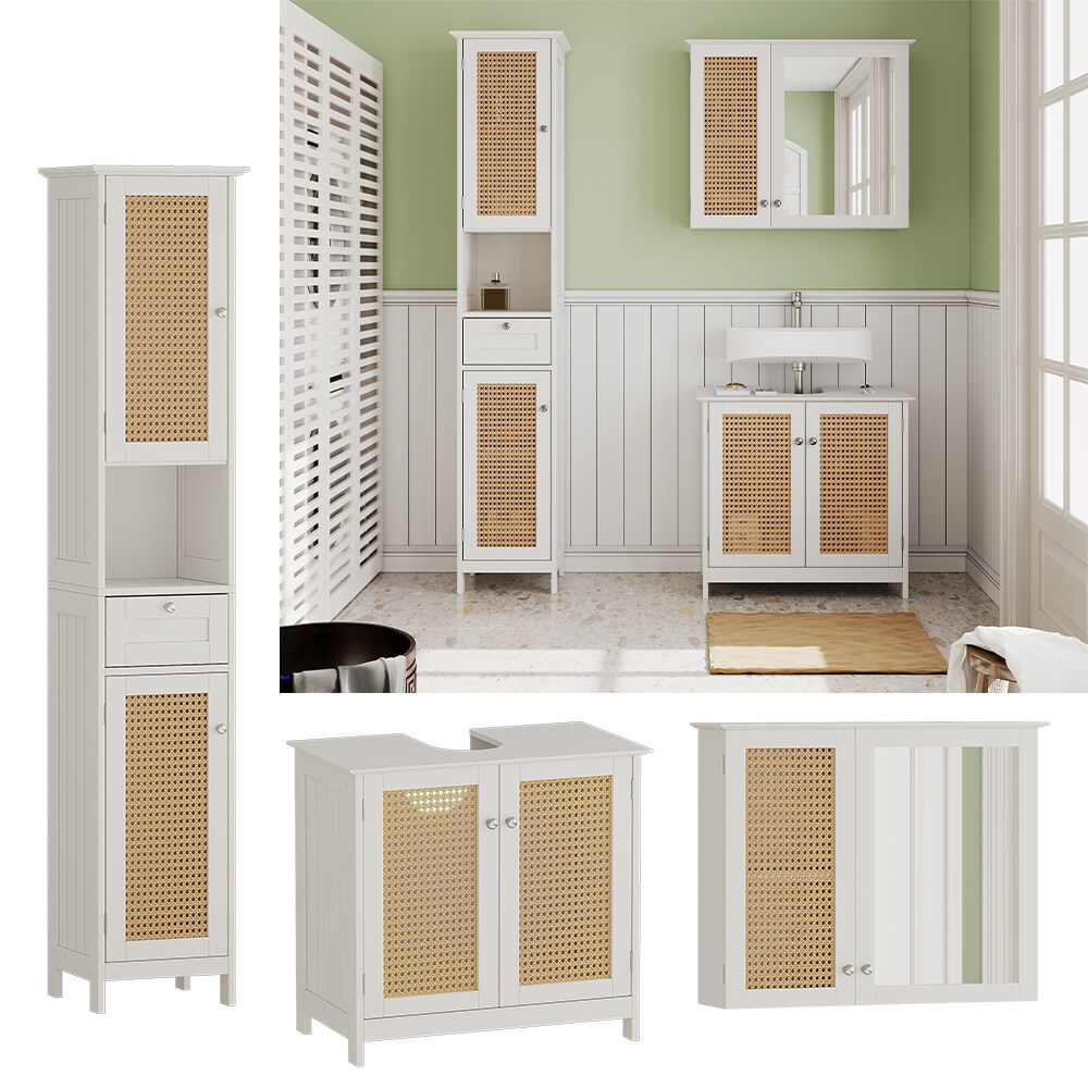 Vicco Badmöbel-Set Rosario, Weiß, moderne Serie, Badezimmer, dekorative Front, Spiegelschrank, Waschtischunterschrank, Hochschrank
