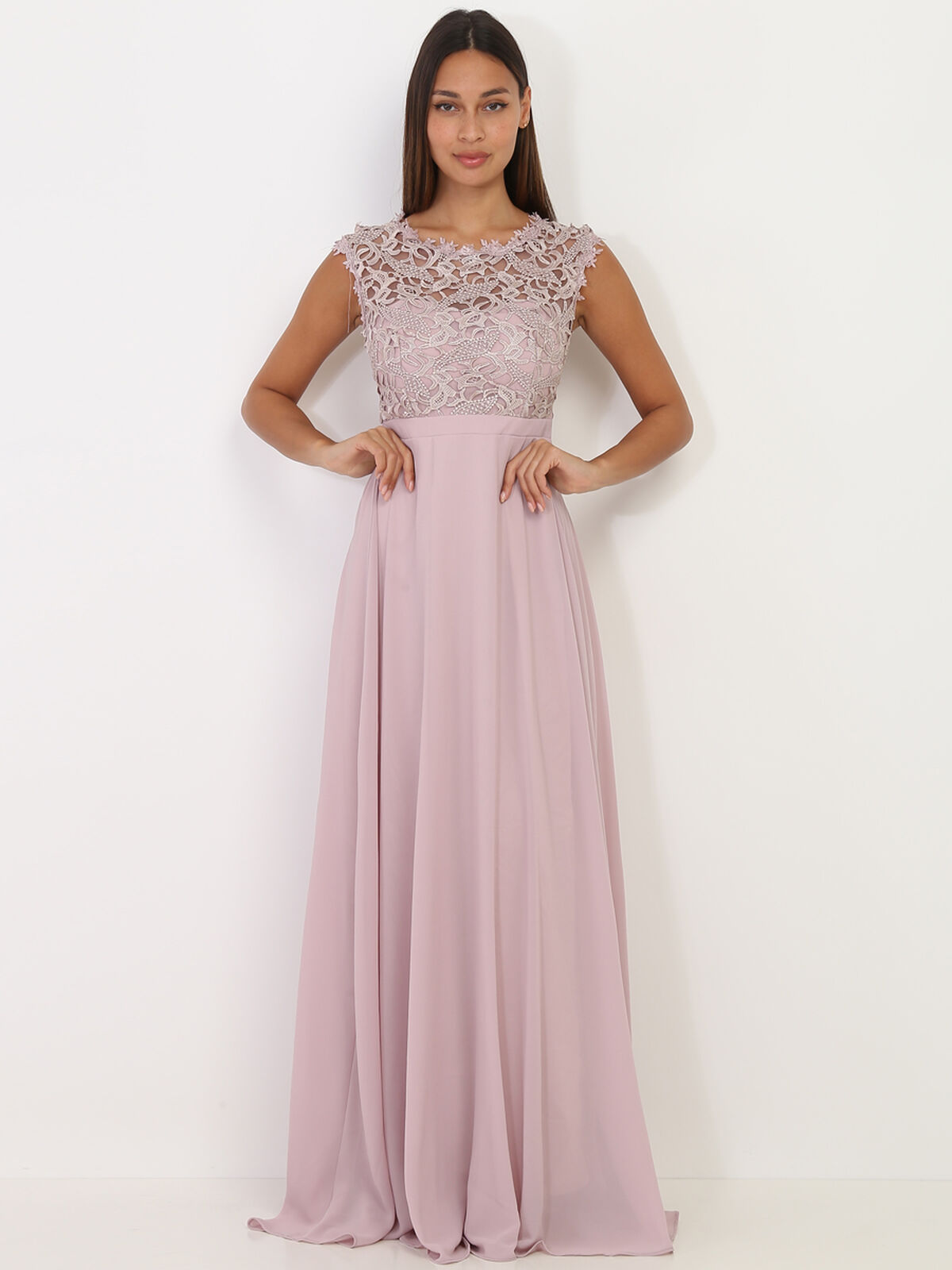 Robe longue à dentelle- Taupe