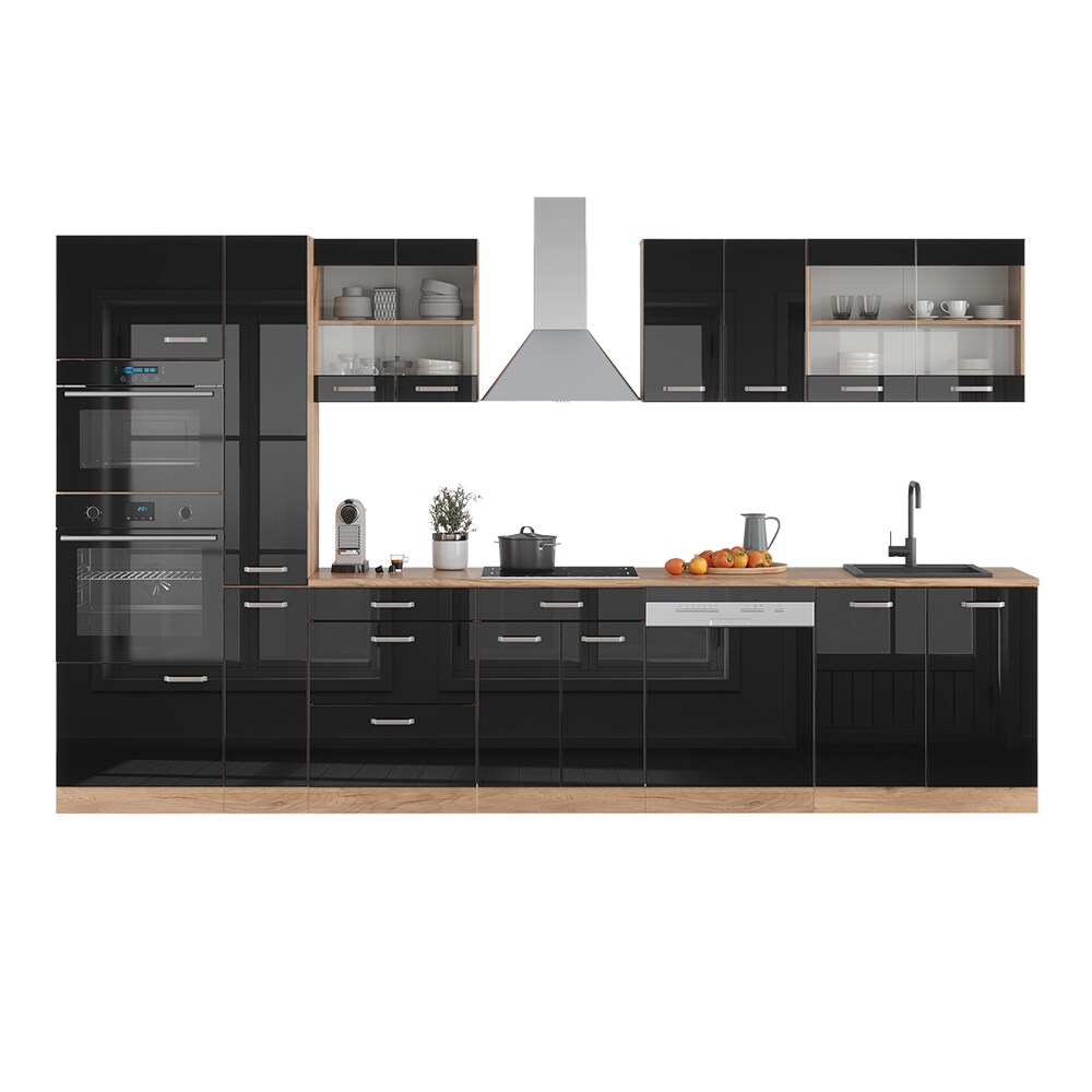 Vicco Küchenzeile R-Line Solid Eiche Schwarz 350 cm modern Küchenschränke Küchenmöbel