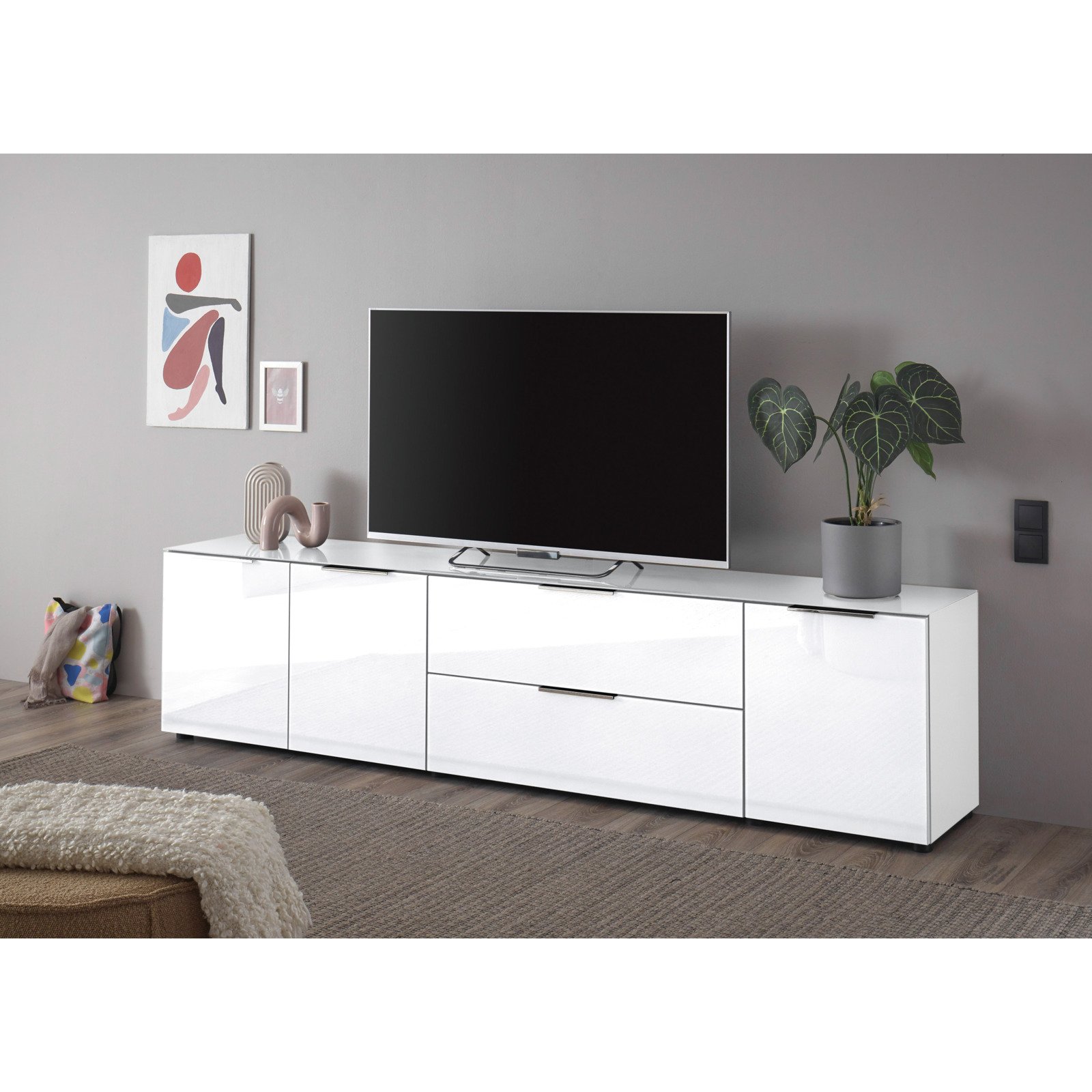 TV-Möbel Santo, Spanplatte Glas weiss, 225,5 x 54,5 x 40 cm