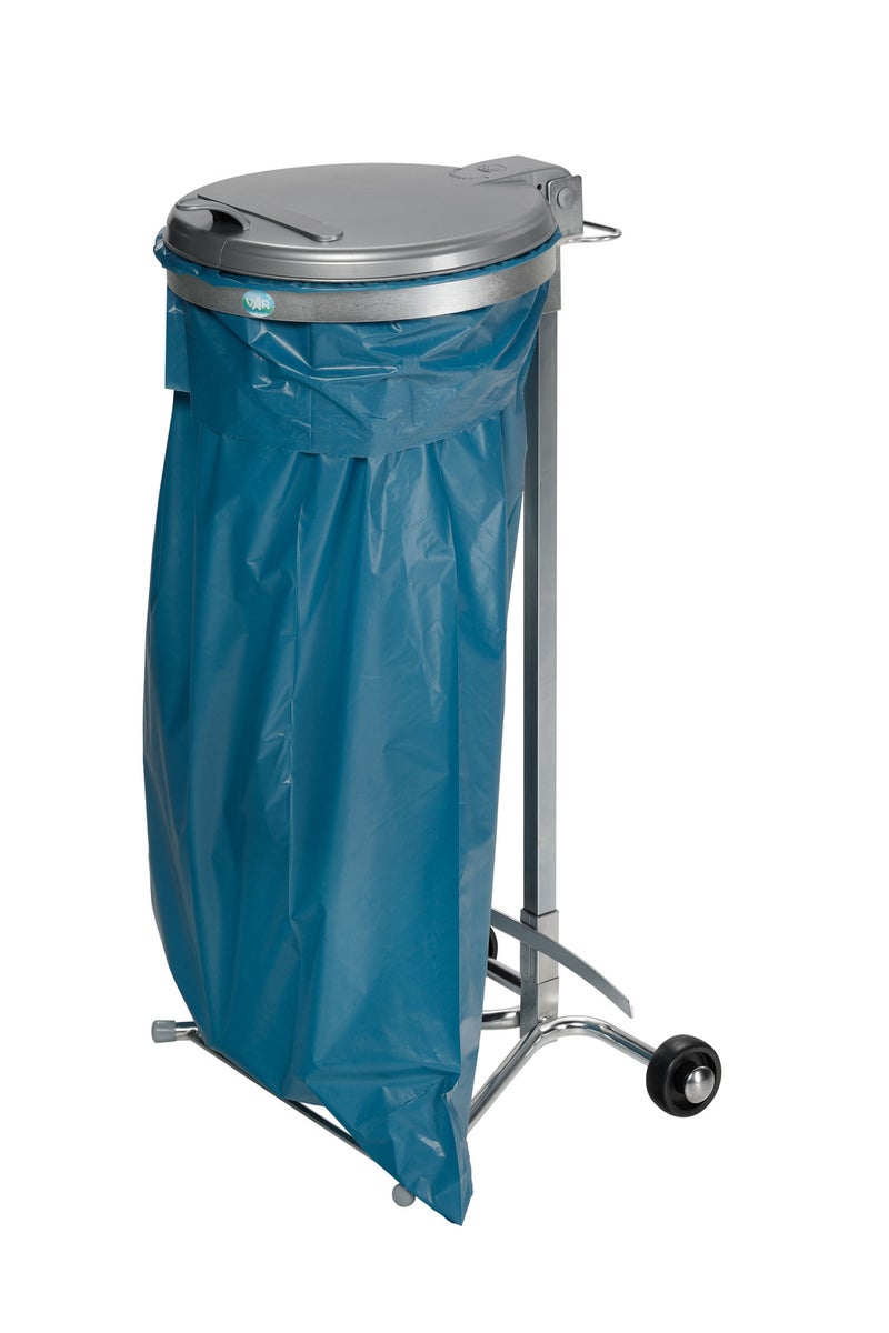 PROREGAL Robuuste enkele afvalbak met kunststof deksel, standaard, 2 wielen, 35 cm opening, afmetingen (H x B x D): 98 x 45 x 37,5 cm, gegalvaniseerd staal, zilver