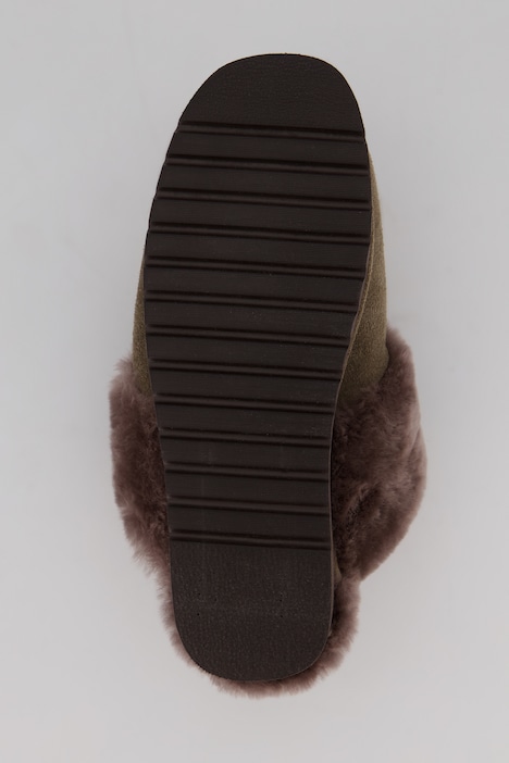 Leder-Hausschuhe, Veloursleder, Fellbesatz, Komfortweite