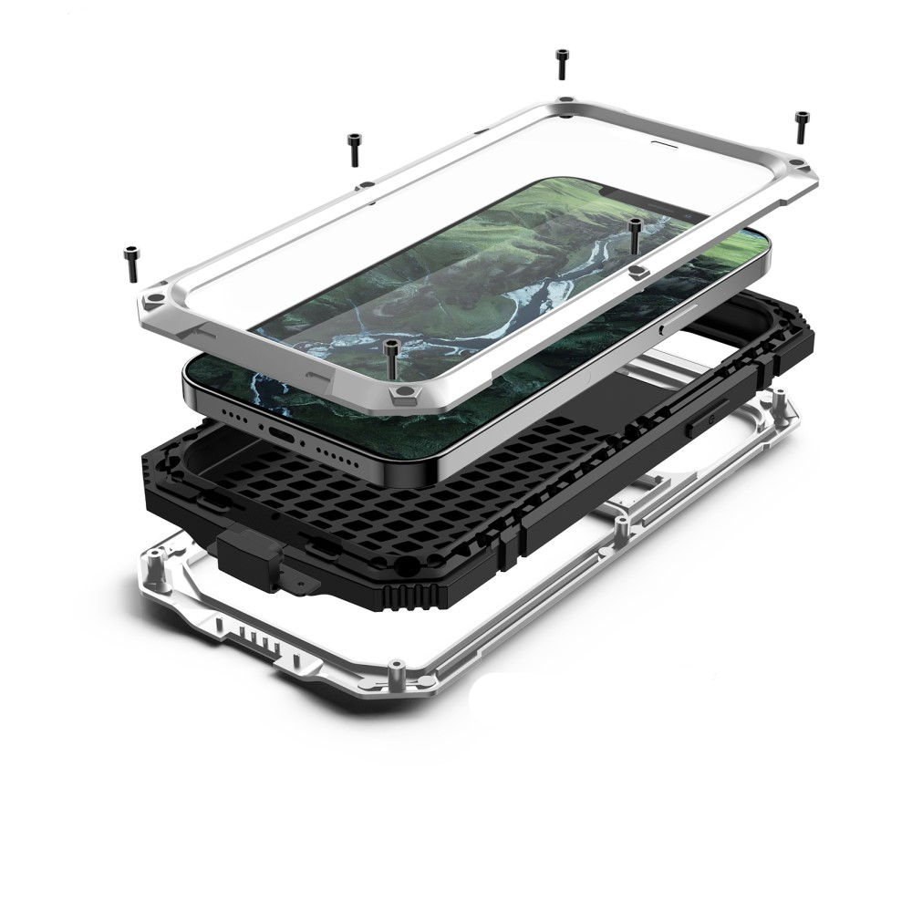 iPhone 12 / iPhone 12 Pro Spritzwasserfeste Hybrid Silikon Metall Outdoor Case Hülle   Panzerfolie - Silber / Schwarz