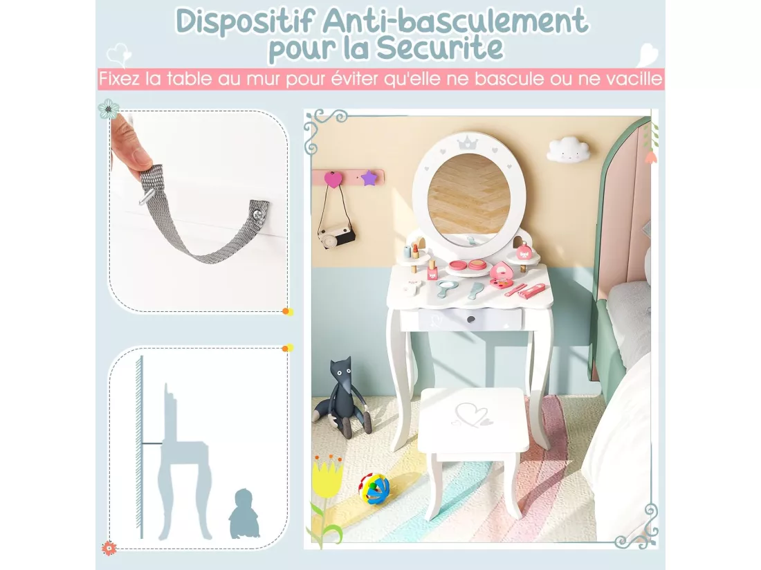 2 en 1 Coiffeuse Enfants avec Tabouret & Miroir Ovale Amovible, Table de Maquillage en Motif Couronne avec 10 Jouets d'Habillage, Tiroir Pratique, Charge 50kg pour Enfants de 3 Ans+ (Ovale)