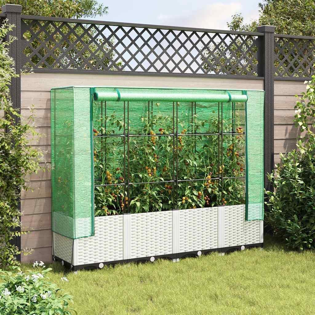 vidaXL Hochbeet mit Gewächshaus-Aufsatz, Pflanzbeet mit Eisenrohr-Rahmen, Gemüsebeet für Garten Terrasse Balkon, Pflanzkasten Frühbeet, Rattan-Optik