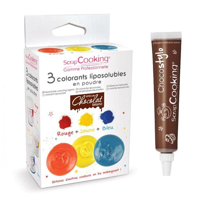 3 colorants liposolubles en poudre + 1 Stylo chocolat Scrapcooking
