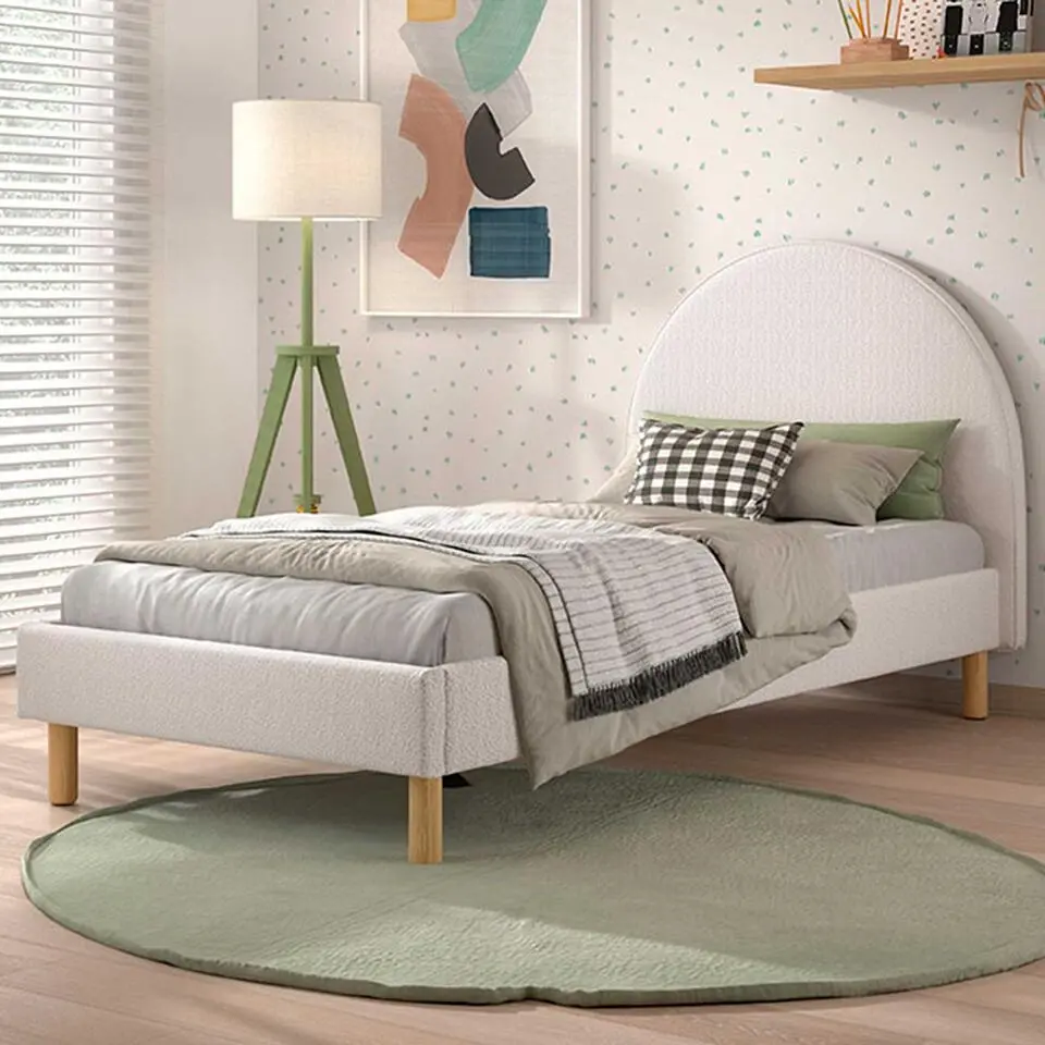 Eenpersoonsbed Maeva - 212x97x107 cm - Witte bouclé stof