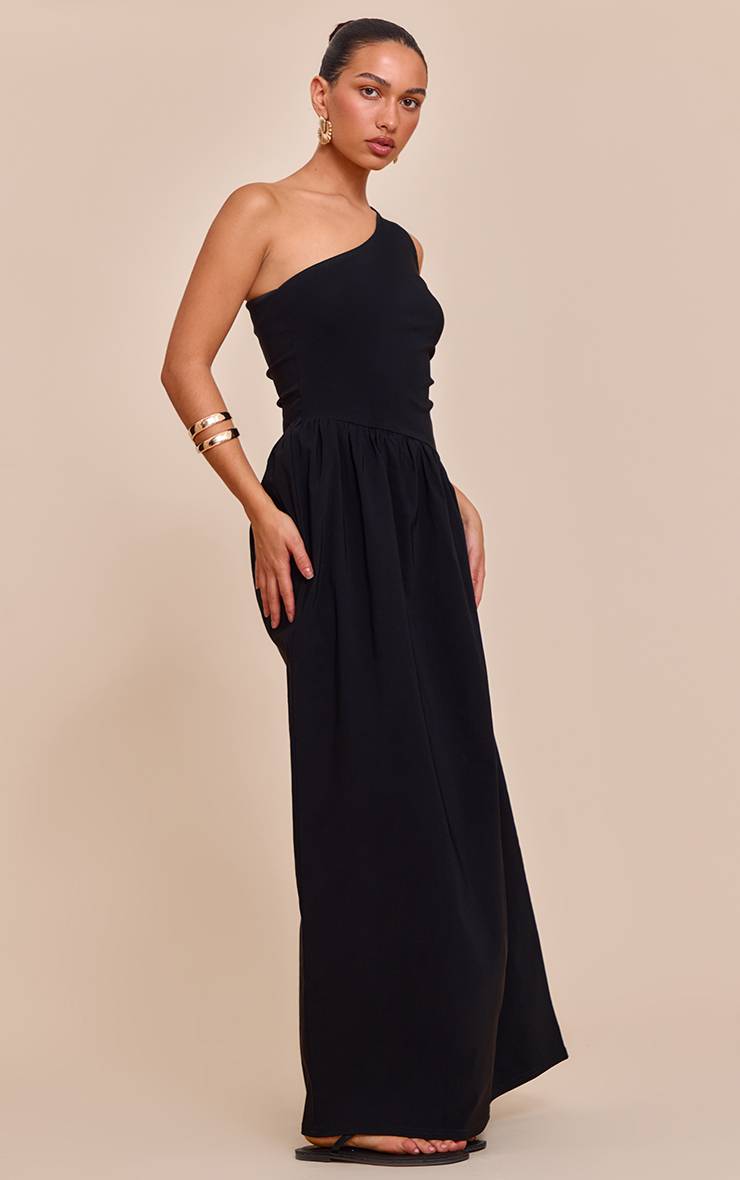 Noir Robe Maxi Asymétrique Une Épaule En Tissu Extensible Tissé