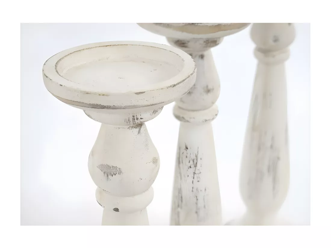 Set de 3 bougeoirs bois blanche 12 x 12 x 35 cm DEC04053