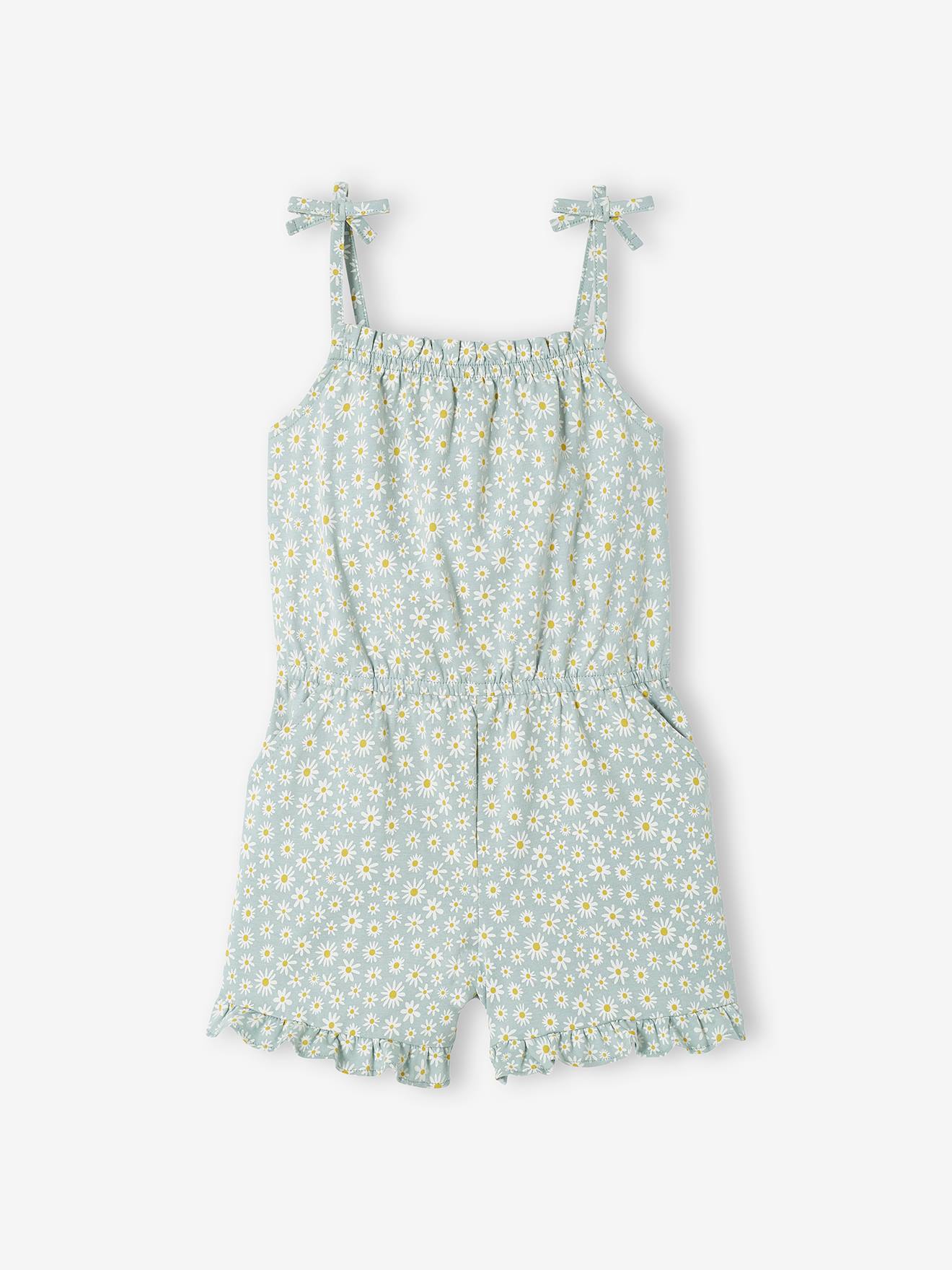 Macacão curto com alças e estampa exótica, para meninas, estampa amarelo escuro.
