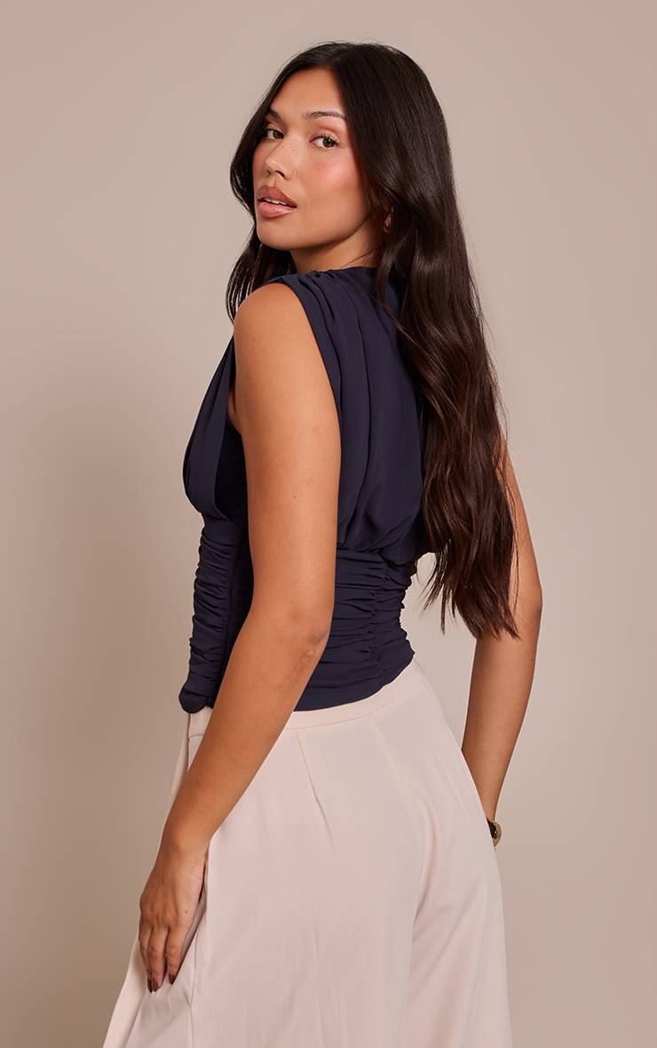 Bleu Marine Haut En Mousseline À Décolleté Plongeant Et Buste Froncé