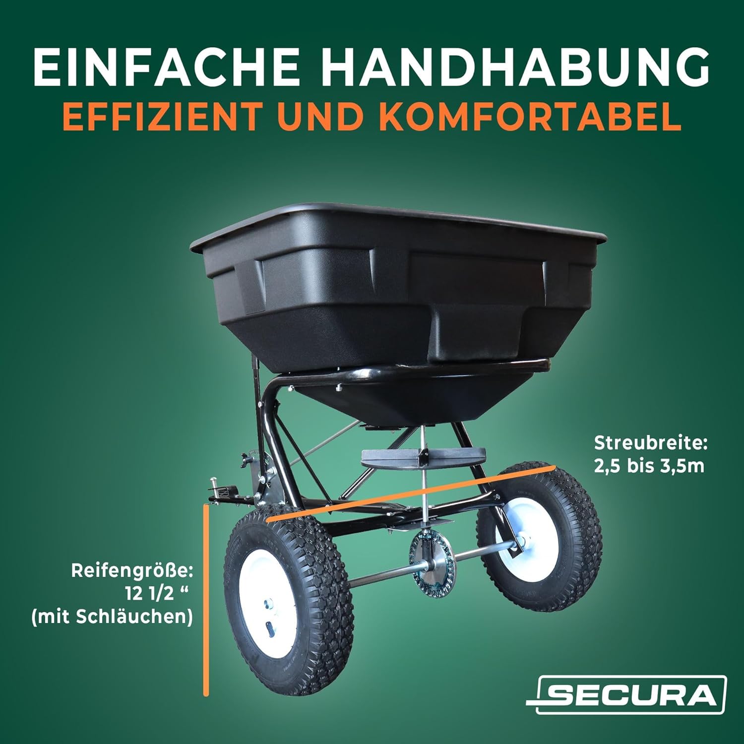 SECURA UNIVERSAL Streuanhänger für Rasentraktoren und Aufsitzmäher | Saatgutstreuer | Streusalz-Anhänger | bis 56 KG | Für Dünger, Saatgut, Streusalz, Sand