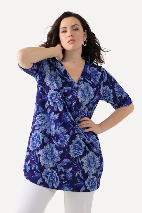 Slinkyshirt, Blüten, A-Linie, V-Ausschnitt, Halbarm