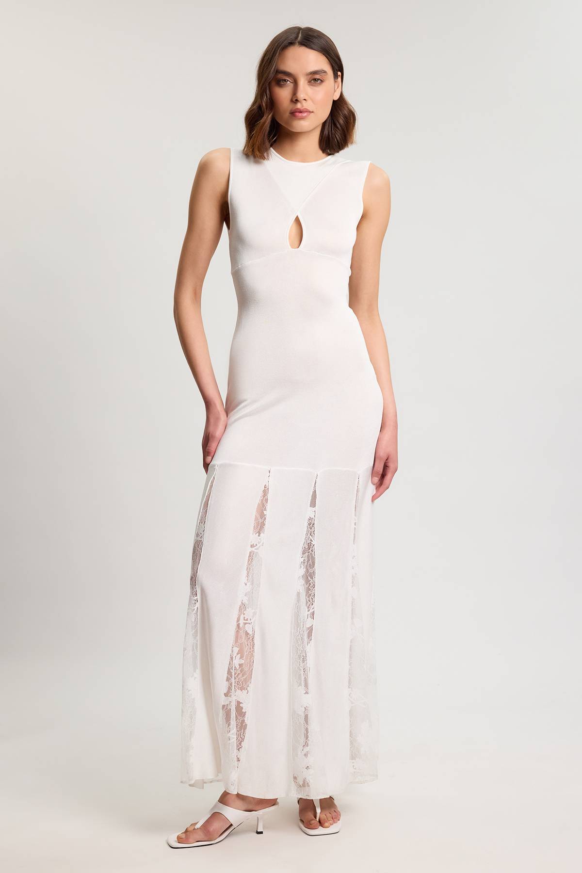KarenMillen Robe Maxi Tricot Petite Taille en Mélange Viscose Fluide avec Détails en Dentelle Transparente