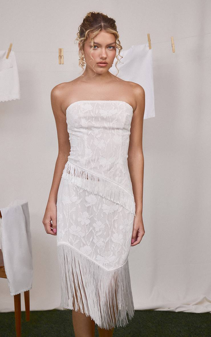 Blanc Ensemble Haut Bandeau À Franges Asymétriques Et Texture Florale