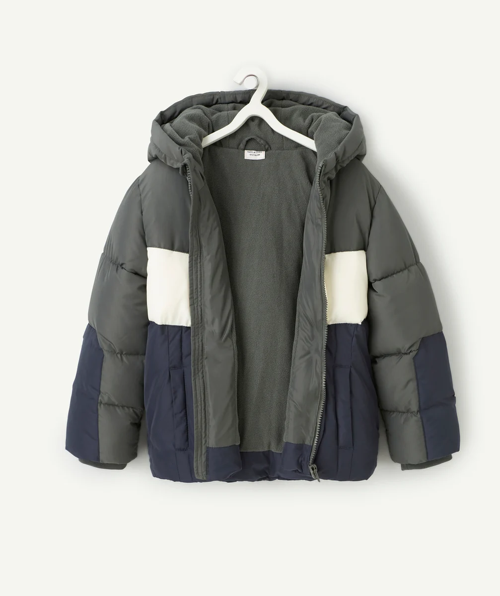 DOUDOUNE GARÇON EN REMBOURRAGE RECYCLÉ COLORBLOCK KAKI ET BLEU