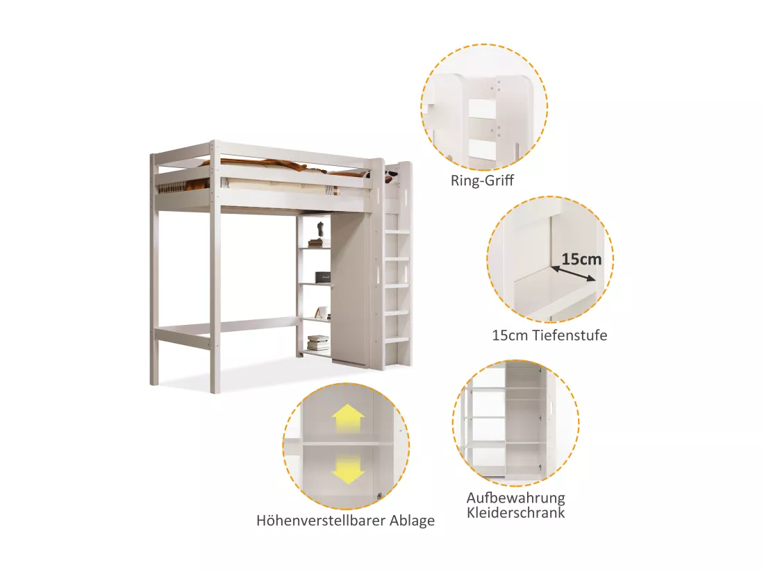 Lit mezzanine 90 x 200 cm avec armoire et 6 étagères - bois massif + MDF - blanc