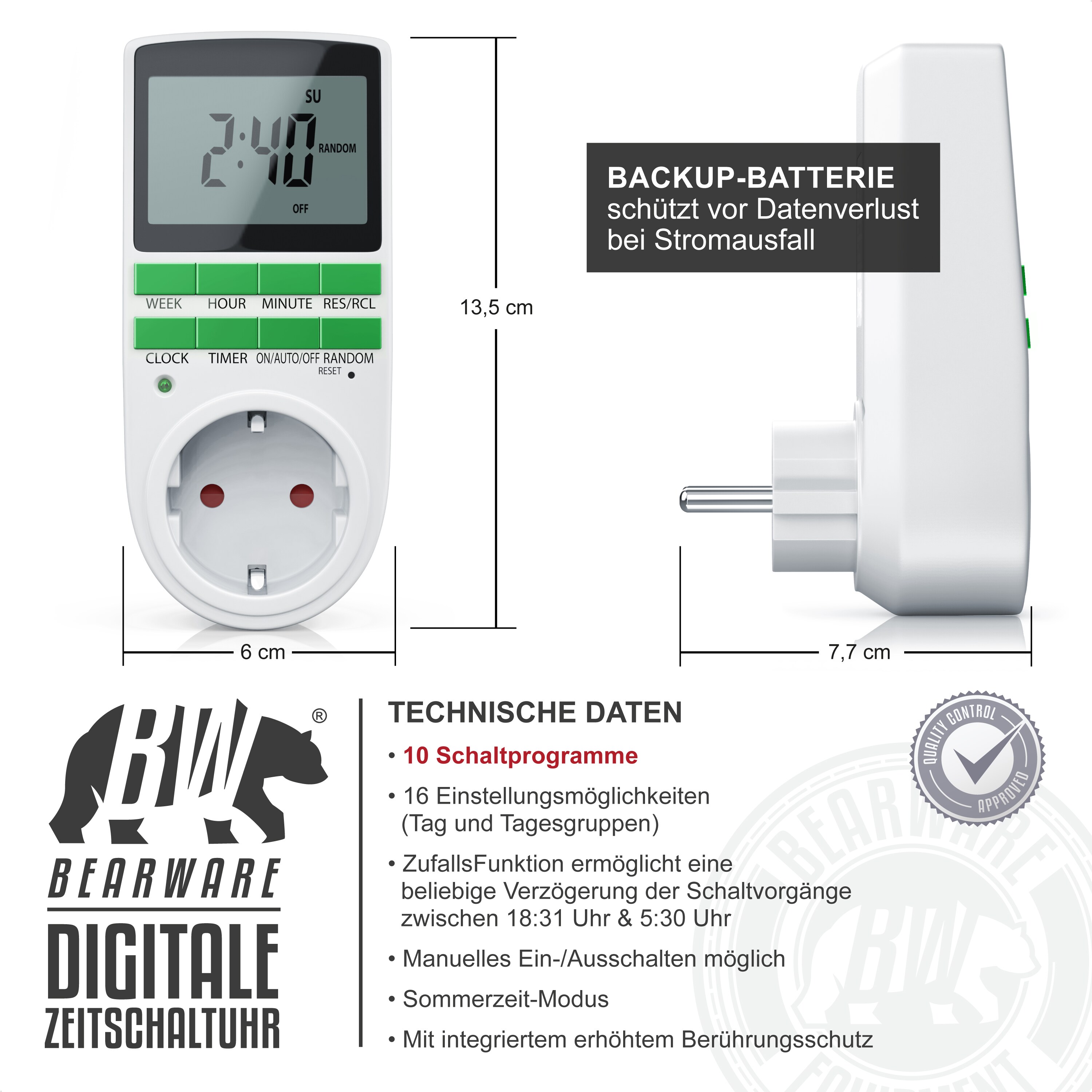 BEARWARE - Zeitschaltuhr digital - 2,1 LCD-Display 5,3 cm - 3680W - Digital-Zeitschaltuhr mit 10 konfigurierbaren Programmen - Back-Up Reserve-Akku