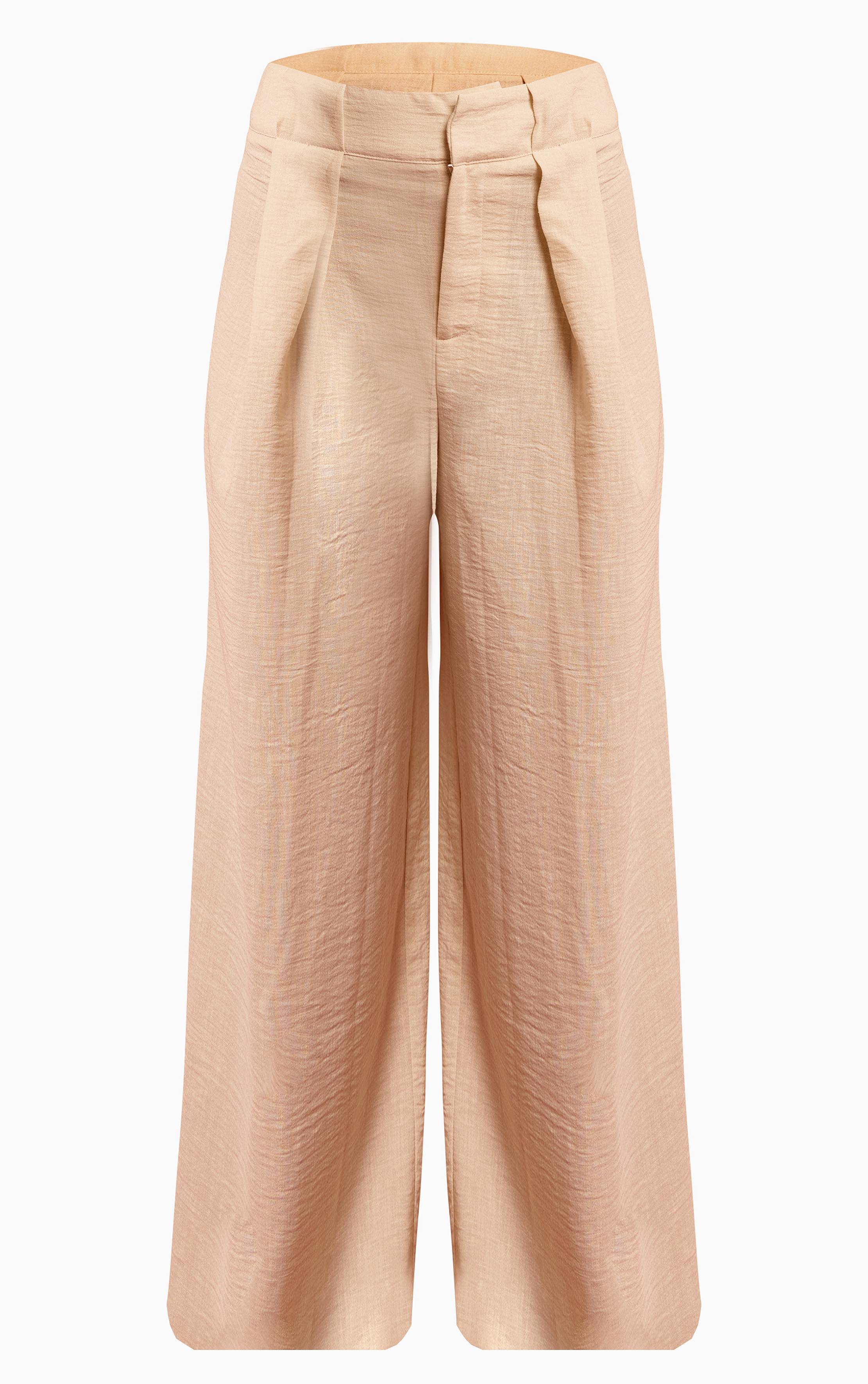 Crème Pantalon Large Tailleur Plissé Aspect Lin