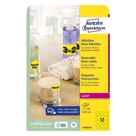 Etiketter Avery Ø63,5 mm Neongul, aftagelige - (25 ark x 12 stk.)