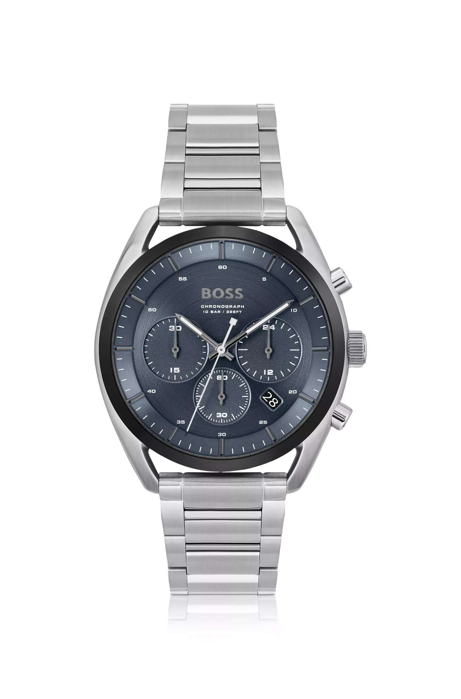 Relógio cronógrafo BOSS com mostrador preto e azul e pulseira de elos.