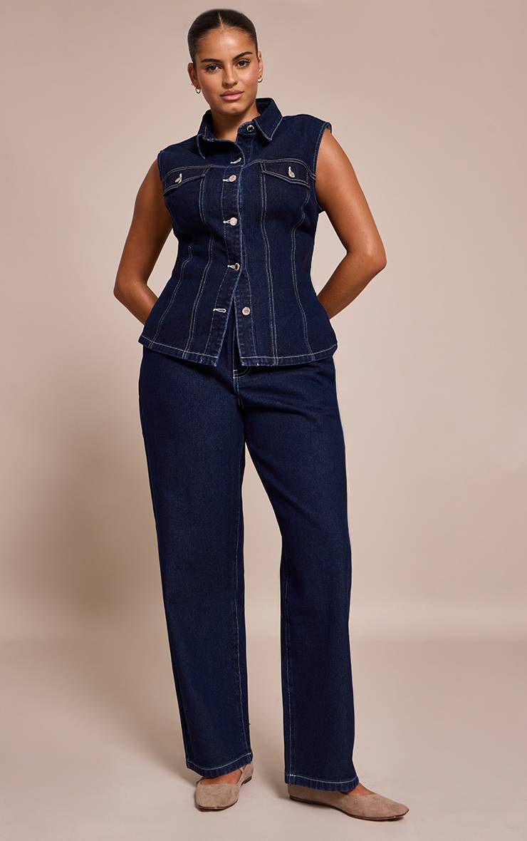 Bleu Indigo Jean Grande Taille Taille Mi-haute Coupe Large