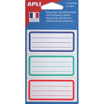 Apli Agipa - 9 Étiquettes scolaires cadre et lignes bleus, rouges, verts - 81 x 36 mm - réf 111981