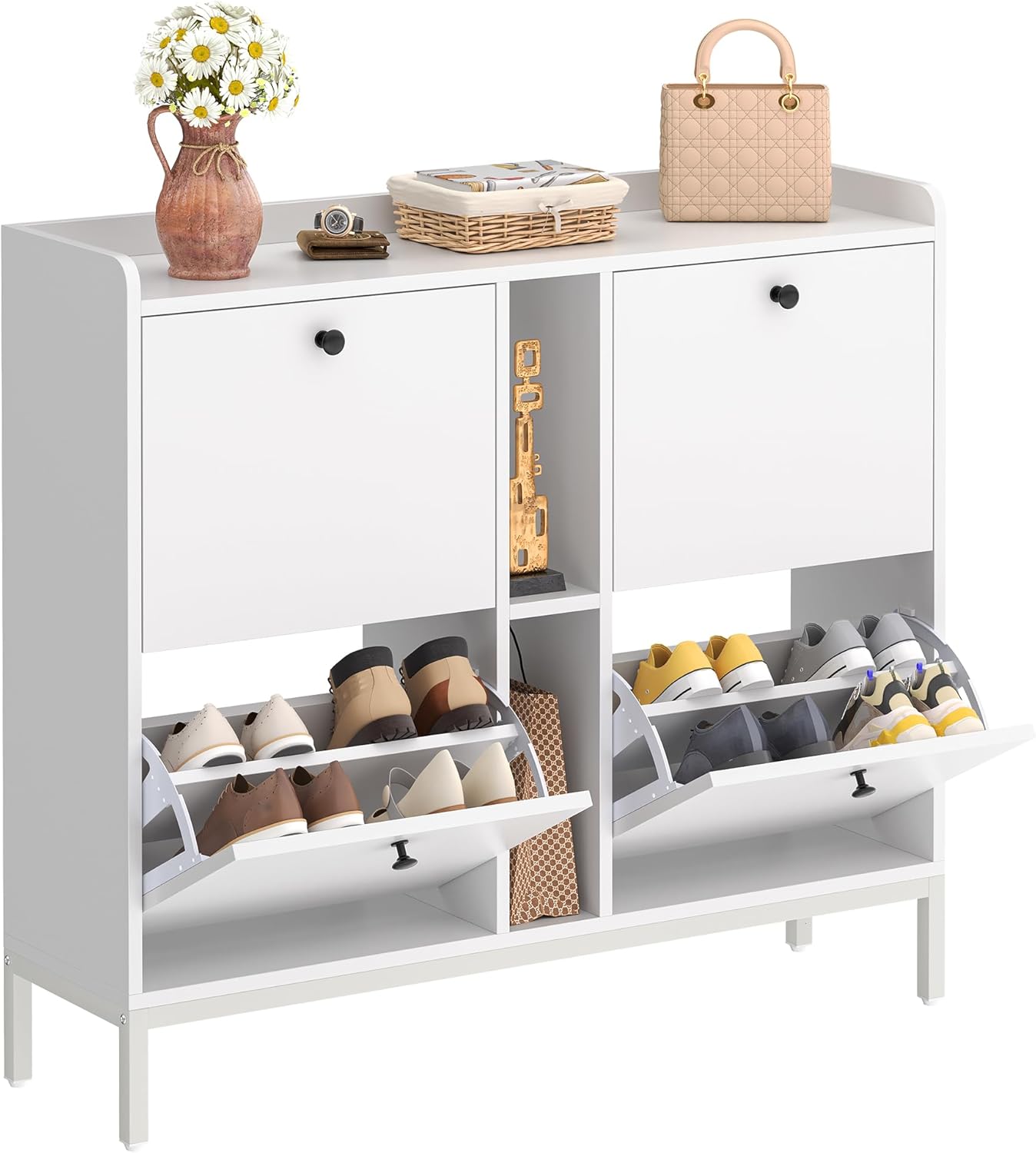 YITAHOME Schuhschrank Schmal mit 4 Klappen, 108 x 27.5 x 95.5 cm für 16 Paar Schuhe mit 2 Offene Regale, Schuhschrank Weiß, Schuhkipper, Schrank Flur Schuhkommode im Flur, Platzsparend