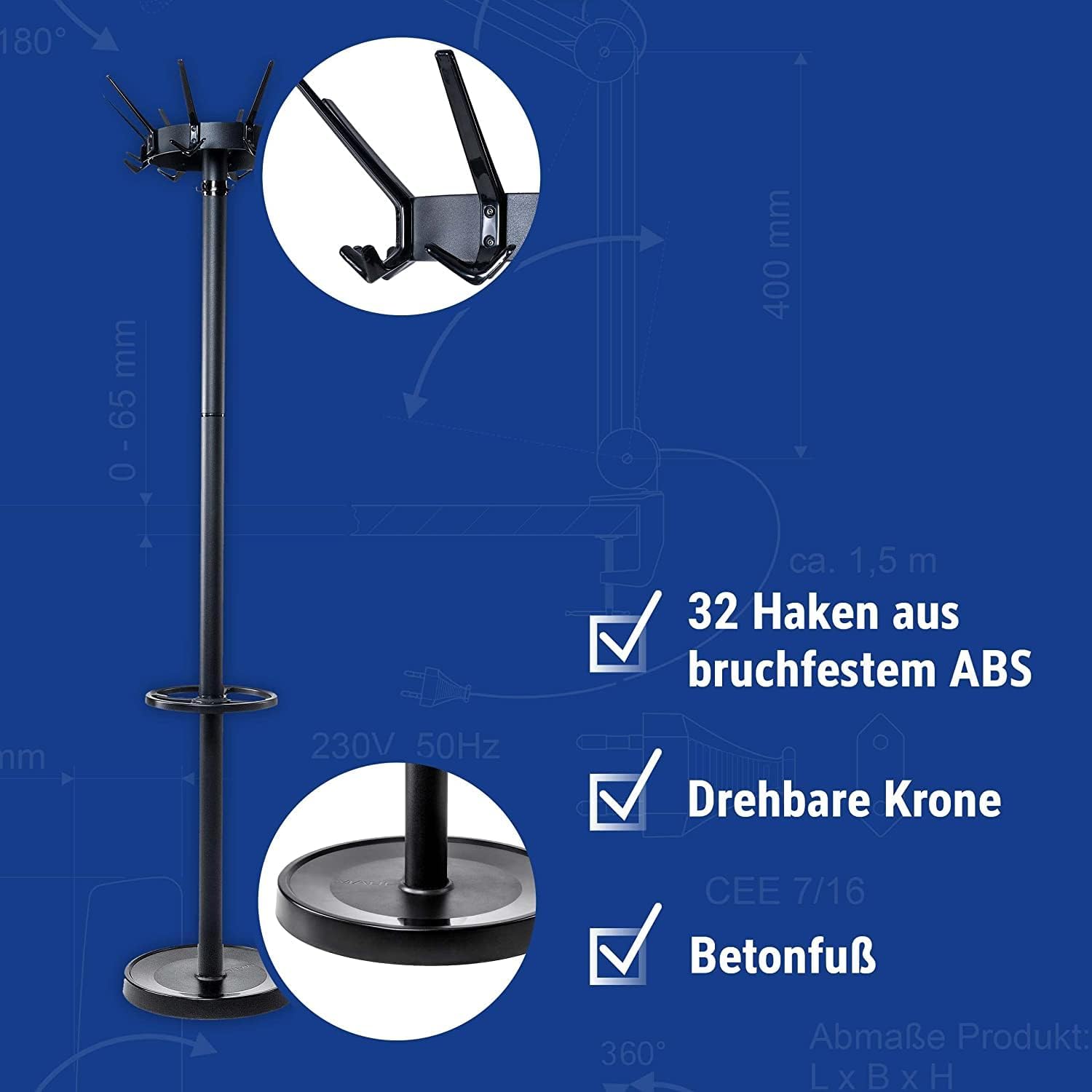 MAUL Garderobenständer MAULcaligo | hochwertige und stabile Standgarderobe für den Eingangsbereich oder Empfangsräume | edler Kleiderständer aus Stahl für permanente Belastung | Schwarz