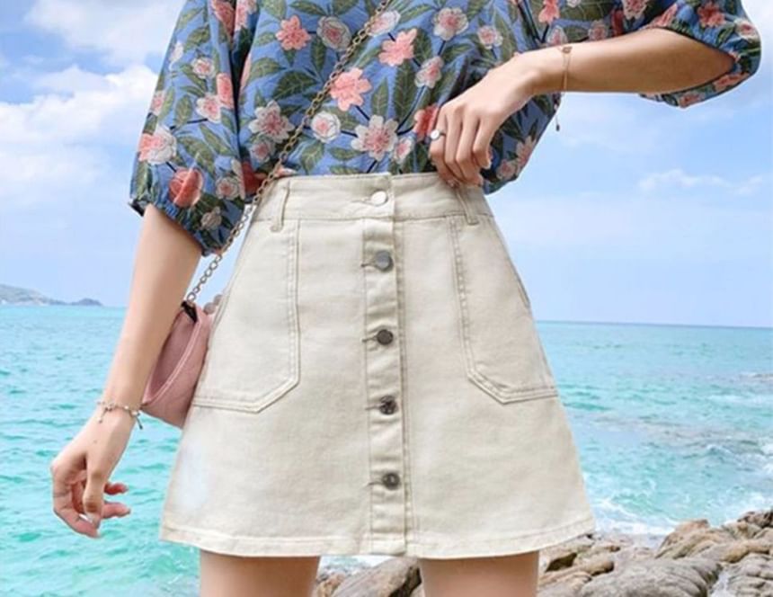 Coline - Hoge taille denim skort met knoopjes