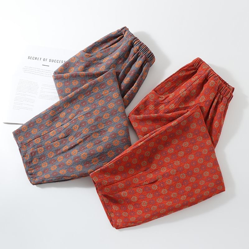 Somnus - Elastische taille, bloemenjacquard cropped pyjamabroek met tonvormige pijpen