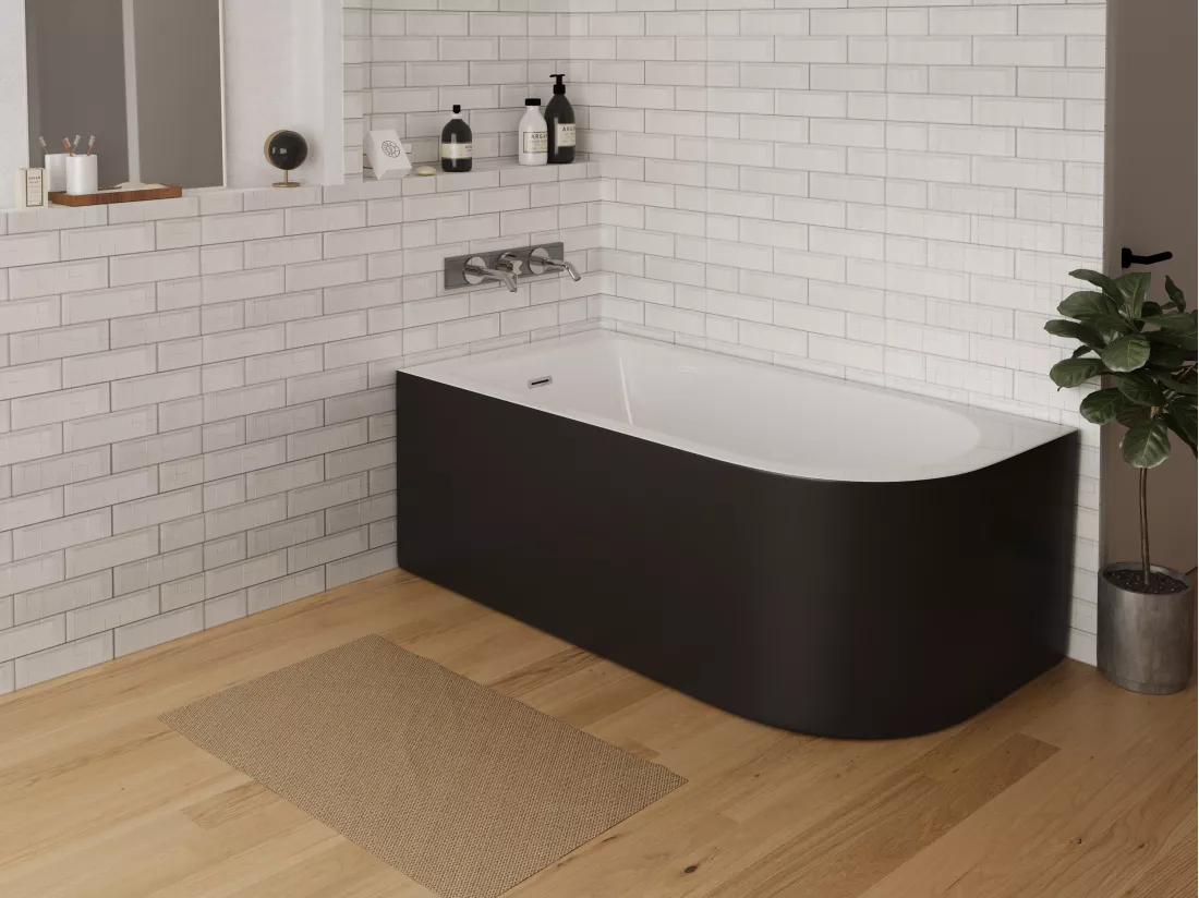 Baignoire d'angle - 201L - 150 x 75 x 58 cm - Noir brillant - Angle gauche - ANIKA