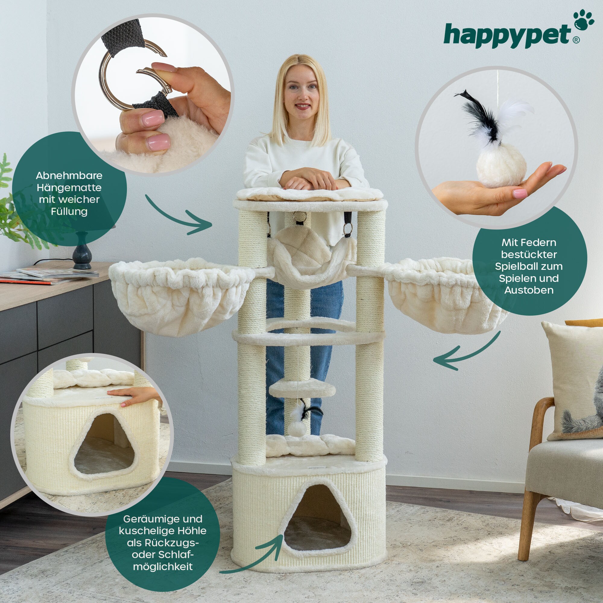 HAPPYPET Kratzbaum Stabil 'Charlie' 120 cm - Massiver Katzenbaum für große Katzen-Kletterbaum auf 3 Säulen, 9 cm Dicke Stämme, mit Hängematte, Höhle, Kissen, XL Plattform | Creme 120 cm