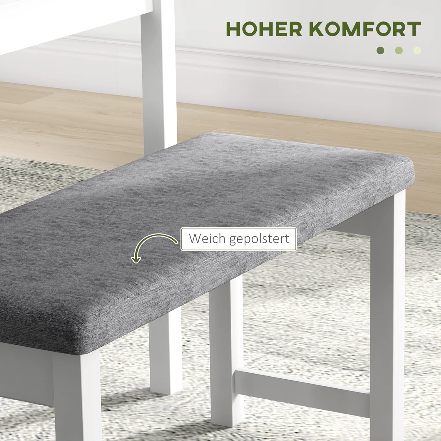 HOMCOM Essgruppe Esstisch mit 2 Stühlen, 1 Bank Platzsparend Esszimmergruppe aus Massivholz Sitzgruppe mit Sitzkissen Küchentisch-Set für Esszimmer, Küche Grau+Weiß