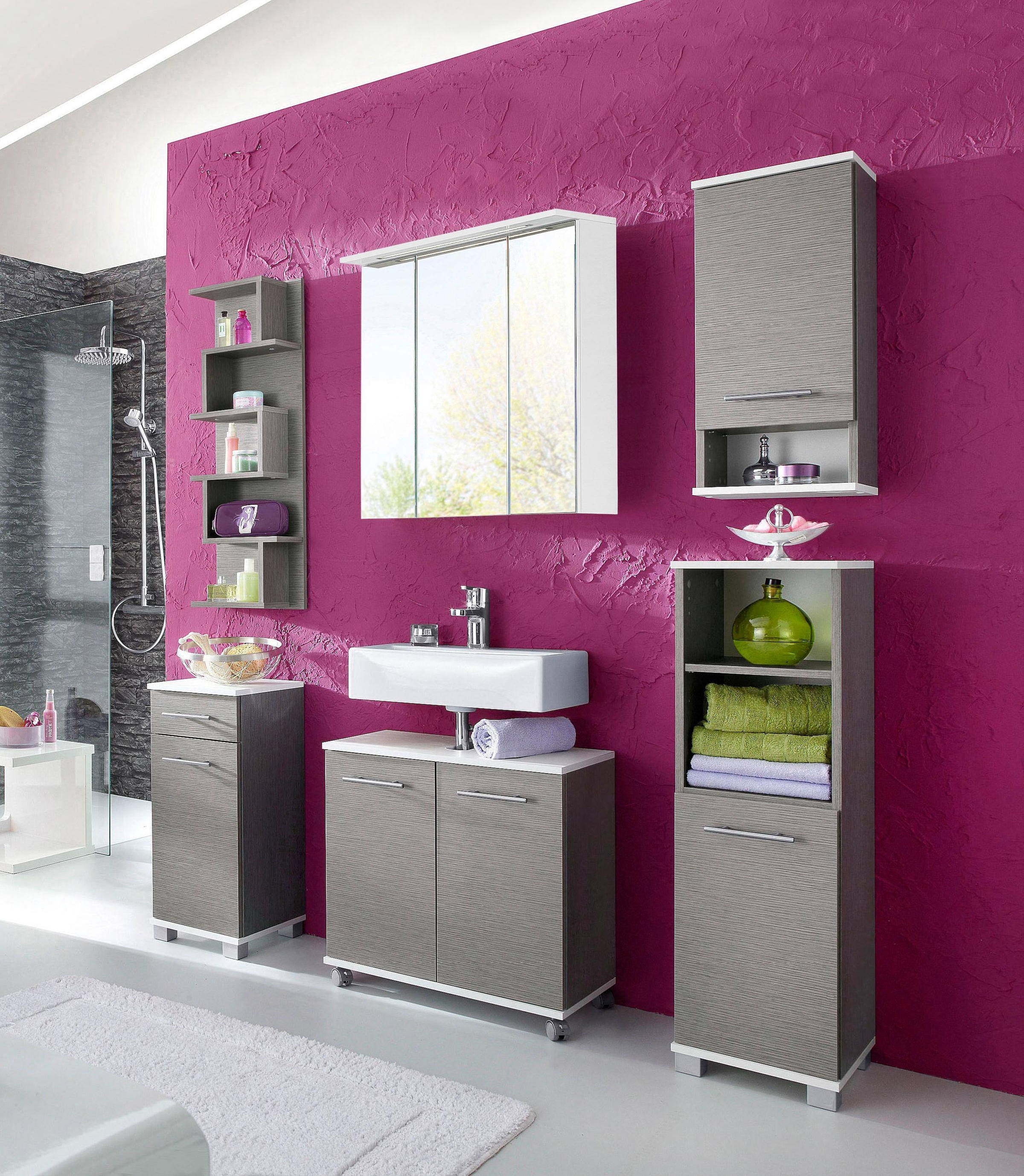 welltime Waschbeckenunterschrank »Emmi, Breite 59 cm« Siphonausschnitt, Metallbeschläge