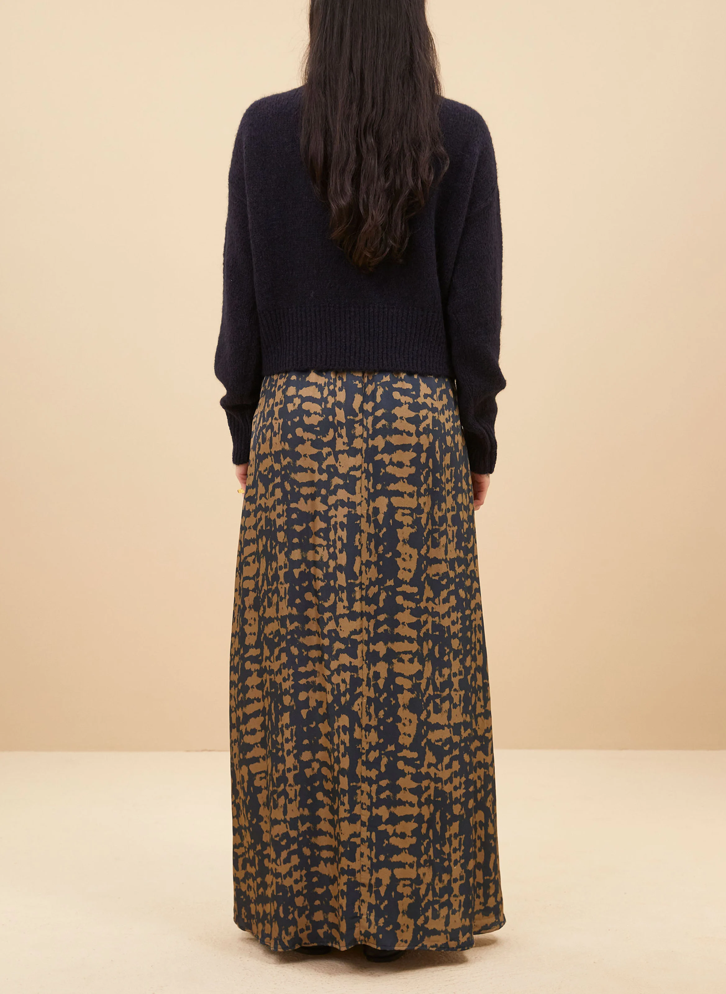 Jupe midi évasée imprimée| Beige