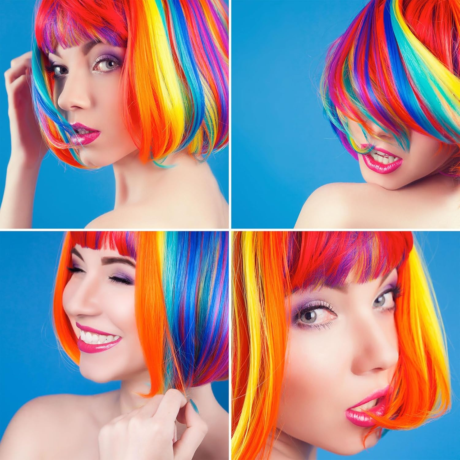 (31cm) Long Bob Perücke mit Pony Regenbogen Fasnacht Kostüm Zubehör Motto Party / Halloween Accessoire - Bunt