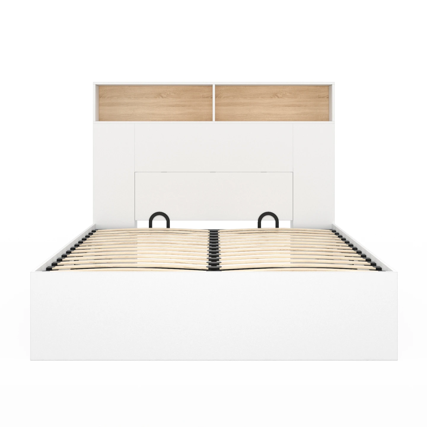 Lit coffre double CLYDE avec tête de lit + rangements et sommier 140 x 190 cm blanc et façon hêtre